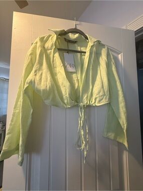 ZARA Light Lime Tie-Front Cropped Shirt